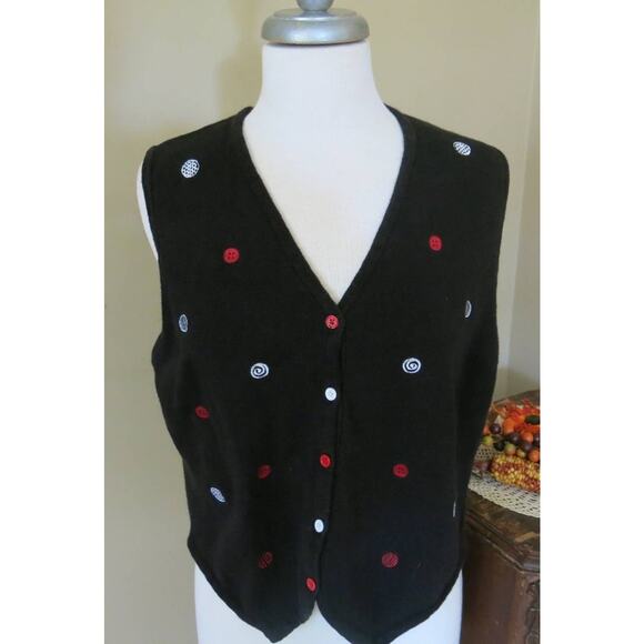 VINTAGE JOAN LESLIE Sweater Vest Size L Women Black with Red White Cottage - Picture 1 of 5